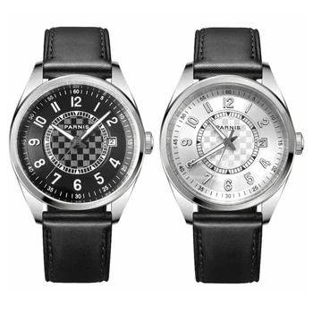 Нова мода Parnis 40mm черно-бял циферблат механични автоматични мъжки часовник календар сапфир стъкло часовници с календар прозорец