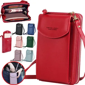 Дамски портфейл рамо мини кожени чанти каишки мобилен телефон големи държачи за карти портфейл чанта пари джобове малки чанти