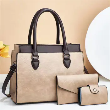 Нови жени дами 3 в 1 мода ретро голяма пазарска чанта за рамо пачуърк случайни PU кожа 3 бр комплект чанти пратеник чанти