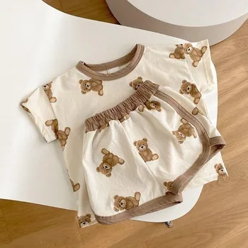 Лято бебе момичета дрехи комплект за момчета деца карикатура мечка домашно облекло върхове и шорти 2бр костюм детски корейски стил облекло