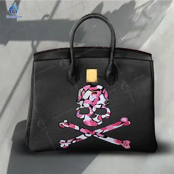 Print Розов скелет-универсални дамски чанти Жени с голям капацитет Нова мода крава естествена кожа Луксозни чанти по поръчка