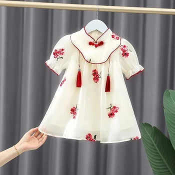 Ханфу момичета рокля лято тънък къс ръкав Tang стил бебе Chinoiserie рокля детска ретро рокля