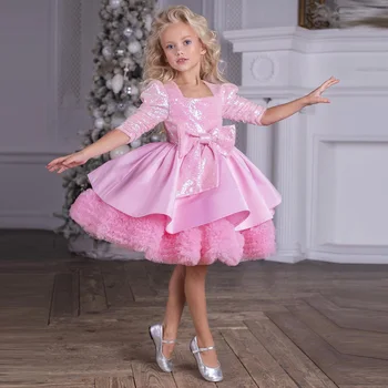 Бебешки розови парти рокли Нагънат плисиран тюл дете момиче сватбена рокля с лък квадратна яка пухкави цветя момиче рокли