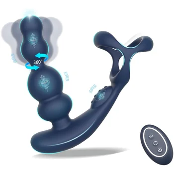 Мъжки масажор на простатата 360° Въртене Анален вибратор с пенис пръстен Butt Plug дистанционно управление Носима ануса секс играчка за мъже гей