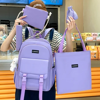 Canvas момичета мода ученическа чанта голям капацитет студент корейски раница All-мач многофункционални 5 парче комплект Bolsa Sac A Dos
