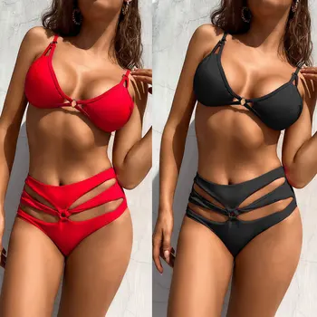 2 парчета бански костюм комплект женски плътен цвят бикини върхове+ Кухи гащи бански за лятото червено/черно