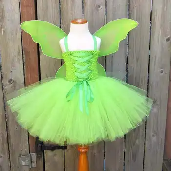 Girls Green Butterfly Fairy Tutu Dress Kids Crochet Tulle Dress with Ribbon and Wing Set Children Birthday Party Costume Dresses