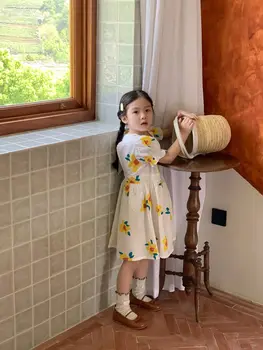 2023 ЛЯТО Детска рокля Корея стил квадратна яка цветя печат памук мода къс ръкав папийонка мода нов дизайн