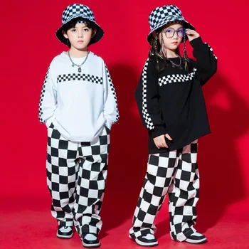 Деца Тийнейджъри Момчета Момичета Хип-хоп Танцови костюми Улично облекло Спортна тийнейджърска тениска с дълъг ръкав Кариран панталон Анцуг за деца