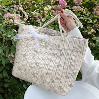 Модни тъкани чанти за жени All-мач дантела цвете рамо чанта преносим луксозен дизайнер чанта летни пикник чанти