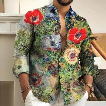 Флорални модел с висока разделителна способност мъжка риза с ревер еднореден риза с дълъг ръкав на открито улично облекло модна рокля