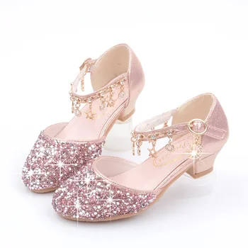 Fashion Kid кожена обувка 2024 Лятна пайети принцеса обувка кристал висок ток сандали детски обувки момиче рокли Мери Джейн момиче обувки