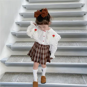 2023 есен бебе момичета дрехи комплект Памучна бяла бродирана риза + карирана плисирана пола 2бр детски костюм детски тоалет плисиран комплект