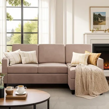 Конвертируем секционен диван, ленен плат L-образен диван 3-местен диван с обратим шезлонг за малък хол светло кафяв