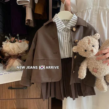 Корея мода детски якета за момичета сладка пола + риза + PU палто комплект бебе момичета кафяв реколта PU кожено палто есенни якета