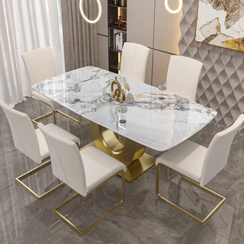 кръгла луксозна приемна маса за хранене от неръждаема стомана ярка повърхност скандинавска светлина луксозна домашна маса и стол комбиниран комплект
