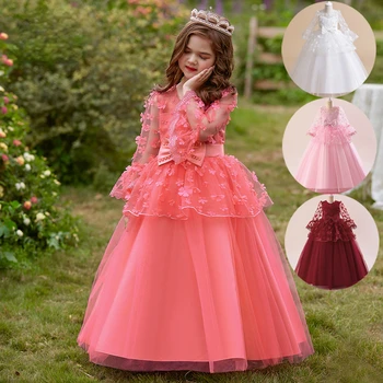 Лятна рокля на принцеса с дълъг ръкав Рокля за момичета Цвете момиче Сватба малко момиче Рокля за рожден ден Мода Детски рокли от тюл