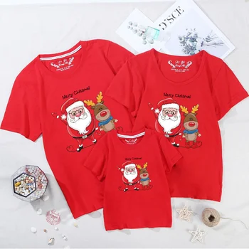 Коледа смешно карикатура Дядо Коледа отпечатани тениска семейство родител-дете носят празник лосове семейство случайни къс ръкав тениска