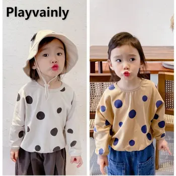 Есенни дрехи за бебе момиче тениска Polka Dot памук кръгла яка дълги ръкави тениска хлабав качулки детски дрехи E21093