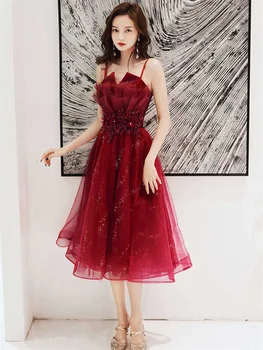 Вино червена рокля жени пролет лято нов плътен цвят пайети дантела оглавник средна дължина A-линия пола мода женски дрехи M123